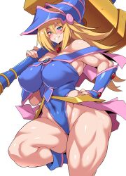 1girl abs absurdres alternate_muscle_size biceps blonde_hair blue_boots blue_eyes blue_hat blush_stickers boots breasts cleavage commentary covered_abs dark_magician_girl duel_monster gloves hat highres huge_breasts konno_tohiro large_breasts long_hair muscular muscular_female obliques open_mouth pentacle pentagram pink_skirt shiny_skin showgirl_skirt simple_background skirt smile solo thick_thighs thighhighs thighs white_background wizard_hat yu-gi-oh!
