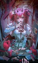 1girl bandaid black_nails blood changmao corset cross demon_wings dress guitar hair_ornament highres horns instrument jewelry long_hair long_sleeves looking_at_viewer mirror open_mouth original pill pink_hair red_eyes red_hair solo sticker stuffed_animal stuffed_toy teddy_bear twintails wings
