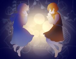 2girls absurdres black_dress black_hair blonde_hair blue_bow blue_dress bow chinese_commentary closed_eyes closed_mouth commentary_request dress facing_another from_side full_body hair_bow hair_over_shoulder highres iyowa_girls jiyuuu_(liye8049) long_hair long_sleeves looking_at_another low_twintails multiple_girls no_shoes own_hands_clasped own_hands_together pajamy_(character)_(iyowa) pajamy_(vocaloid) pennant pillow pinafore_dress profile purple_background riko_(iyowa) shirt sleeveless sleeveless_dress smile socks song_name star_(symbol) string_of_flags stuffed_animal stuffed_rabbit stuffed_toy twintails white_shirt yellow_bow