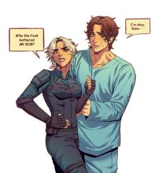 1boy 1girl animification black_gloves blonde_hair bodysuit brown_hair earrings fingerless_gloves gloves highres hohoihoil jewelry looking_at_viewer marvel marvel_cinematic_universe sentry_(marvel) short_hair simple_background superhero_costume tall_male thunderbolts_(movie) yelena_belova