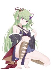 1girl absurdres bare_shoulders barefoot black_kimono blunt_bangs blunt_ends breasts butterfly_hair_ornament closed_mouth commentary criss-cross_halter eyes_visible_through_hair feet full_body gluteal_fold green_hair hair_ornament hair_ribbon halterneck highres hime_cut japanese_clothes kimono legs long_hair long_sleeves looking_at_viewer mamiya_yuki murasame_(senren) no_bra playing_with_own_hair red_eyes red_ribbon ribbon senren_banka short_kimono sidelocks simple_background small_breasts smile solo squatting straight_hair thighs tiptoes toes tsurime two_side_up very_long_hair white_background wide_sleeves