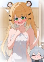 1boy 1girl ^_^ accidental_pervert after_bathing ahoge animal_ear_fluff animal_ears bare_shoulders blush closed_eyes grey_hair hair_between_eyes ju_fufu loli long_hair murasaki3 naked_towel orange_fur short_hair steam striped_fur tiger_ears tiger_girl tiger_stripes towel wise_(zenless_zone_zero) zenless_zone_zero