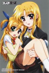 2girls black_jacket black_skirt blonde_hair blue_ribbon bow bowtie brown_footwear brown_skirt comp_ace fate_testarossa green_eyes grey_background hair_ribbon heterochromia highres jacket long_hair looking_at_viewer lyrical_nanoha mahou_shoujo_lyrical_nanoha mahou_shoujo_lyrical_nanoha_strikers mahou_shoujo_lyrical_nanoha_vivid military military_uniform mother_and_daughter multiple_girls nail_polish official_art okuda_yasuhiro open_mouth red_eyes red_neckwear ribbon school_uniform shirt shoes side_ponytail simple_background skirt smile socks st._hilde_academy_of_magic_uniform sweater vivio white_legwear white_shirt yellow_neckwear yellow_sweater