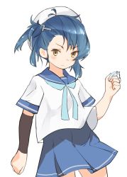 Rule 34 | 1girl, arm warmers, blue hair, blue neckerchief, blue sailor collar, blue skirt, brown eyes, clenched hand, cowboy shot, crime prevention buzzer, female focus, fukae (kancolle), hat, kantai collection, looking at viewer, neckerchief, pleated skirt, sailor collar, sailor hat, school uniform, serafuku, short hair, simple background, single arm warmer, skirt, solo, white background, white hat, yamaioni (sasakama), yellow eyes