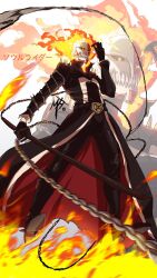 belt black_belt black_boots black_gloves black_jacket black_pants black_sclera bleach boots burning chain chain_around_arm collared_jacket colored_sclera crossover fiery_hair fire floating ghost_rider ghost_rider_(series) gloves glowing glowing_eyes hand_up highres holding holding_sword holding_weapon hollow_mask jacket kurosaki_ichigo long_sleeves marvel mask mythallica pants shoulder_spikes spikes sword tensa_zangetsu_(bankai) weapon yellow_eyes