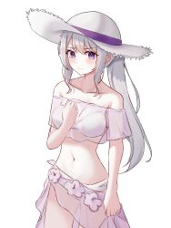 1girl absurdres arm_at_side bare_shoulders bikini blush breasts cleavage closed_mouth collarbone cowboy_shot embarrassed flower grey_hair hair_between_eyes hand_on_own_chest hand_up hat hat_ribbon highres kano_(wi3028) long_hair looking_at_viewer medium_breasts multi-strapped_bikini_bottom navel off-shoulder_bikini off_shoulder original ponytail purple_eyes purple_flower purple_sarong ribbon sarong see-through_clothes see-through_sarong short_sleeves sidelocks simple_background solo standing sun_hat swept_bangs swimsuit v-shaped_eyebrows white_background white_bikini white_hat