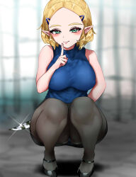 1girl alternate_costume arm_behind_back bare_arms bare_shoulders black_pantyhose black_skirt blonde_hair blue_shirt blurry blurry_background blush braid breasts closed_mouth commentary_request crown_braid finger_to_mouth glint green_eyes hair_ornament hairclip highres holding holding_behind_back holding_knife holding_knife_behind_back knife large_breasts looking_at_viewer mary_janes nintendo pantyhose parted_bangs pointy_ears princess_zelda shirt shoes short_hair shushing skirt sleeveless sleeveless_shirt smile solo squatting the_legend_of_zelda the_legend_of_zelda:_tears_of_the_kingdom wasabi_(legemd)