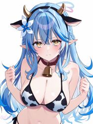 1girl ahoge animal_print bell bikini blue_hair breasts closed_mouth collar commentary_request cow_print cow_print_bikini cowbell elf heart heart_ahoge highres hololive large_breasts long_hair looking_at_viewer multicolored_hair neck_bell pink_hair pointy_ears print_bikini red_collar revision solo streaked_hair swimsuit virtual_youtuber white_background yellow_eyes you06 yukihana_lamy