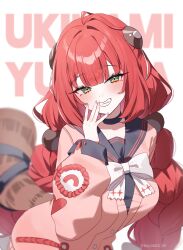 absurdres black_choker black_sailor_collar bow braid cardigan chest_bow choker green_eyes grin highres long_hair looking_at_viewer pink_cardigan red_hair sailor_collar smile taiyaki12 twin_braids twintails ukinami_yuzuha white_bow zenless_zone_zero