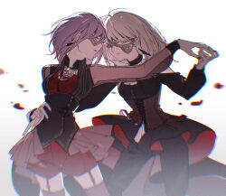 Rule 34 | 2girls, amoris (bang dream!), bang dream!, bang dream! it&#039;s mygo!!!!!, black dress, black mask, black pants, blonde hair, chromatic aberration, closed mouth, clothing cutout, commentary, dancing, doloris (bang dream!), dress, earrings, garter straps, hand on another&#039;s waist, highres, holding hands, jewelry, long sleeves, medium hair, misumi uika, multiple girls, nail polish, open mouth, pants, pants under dress, purple eyes, purple hair, red brooch, red nails, red shorts, red thighhighs, reiboubyou, short hair, shorts, shoulder cutout, simple background, thighhighs, white background, yuri, yuutenji nyamu