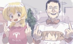 1boy 1girl absurdres blonde_hair brown_hair city elon_musk hadekan hidamari_sketch highres middle_finger miyako_(hidamari_sketch) tagme tesla_(company) utility_pole