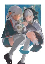 Rule 34 | 2girls, animal ears, bambinata (pgr), black hair, black skirt, black vest, blue eyes, cat, cat ears, cat tail, character request, grey hair, hair ornament, highres, kajol98606618, multicolored hair, multiple girls, orange eyes, punishing: gray raven, shirt, skirt, tail, thighhighs, two-tone hair, vest, white hair, white shirt, white thighhighs, x hair ornament