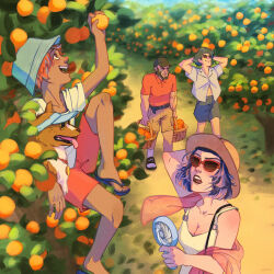 Rule 34 | 2girls, annoyed, beard, belt, breasts, brown fur, collar, cowboy bebop, dog, edward wong hau pepelu tivrusky iv, ein (cowboy bebop), facial hair, faye valentine, food, fruit, gribok-art, hat, highres, jet black, multiple boys, multiple girls, purple hair, red collar, shorts, smile, spike spiegel, summer, sunglasses, tree, welsh corgi