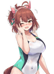 1girl ;d absurdres animal_ears blush breasts commentary_request competition_swimsuit dantsu_flame_(umamusume) gryebooks highres horse_ears horse_girl horse_tail large_breasts looking_at_viewer one-piece_swimsuit one_eye_closed open_mouth simple_background smile solo swimsuit tail umamusume white_background