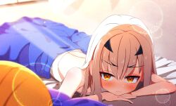 1girl bare_arms bare_shoulders bed bed_sheet bedroom blush breasts child crossed_arms fate/grand_order fate_(series) flat_chest forked_eyebrows hair_between_eyes highres indoors long_hair looking_at_viewer lumine0_0 lying melusine_(fate) on_bed on_stomach solo sunlight under_covers white_hair yellow_eyes