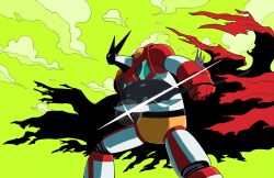 absurdres axe character_request clenched_hand cropped_legs getter_robo green_background highres holding holding_axe holding_mace holding_weapon horns kawoshiki looking_to_the_side mace mecha mecha_focus no_humans robot weapon
