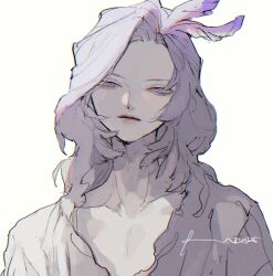 1boy blue_eyes closed_mouth dadadadadaist feather_hair_ornament feathers final_fantasy final_fantasy_ix grey_hair grey_shirt hair_ornament half-closed_eyes highres kuja looking_at_viewer male_focus medium_hair pale_skin parted_bangs shirt sign solo trap upper_body white_background