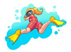 Rule 34 | 1girl, absurdres, artist name, ass, blue eyes, bodysuit, cameltoe, diving suit, flippers, from behind, highres, long hair, looking at viewer, looking back, minuspal, mona (warioware), nintendo, orange hair, ponytail, scuba gear, underwater, variant set, warioware, warioware: move it!, wetsuit