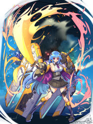 1girl bare_shoulders belt black_belt black_boots black_skirt blue_hair blush boots breasts full_body hair_ornament highres holster huge_weapon jacket knife knife_sheath large_breasts last_origin light_particles long_hair looking_at_viewer mecha_musume multicolored_boots necktie o-ring o-ring_thigh_strap orange_boots pigeon-toed pixiv_id pleated_skirt purple_necktie red_eyes sheath shiny_skin sideboob_cutout sidelocks signature skirt solo sparks standing sword thigh_belt thigh_holster thigh_strap tiamat_(last_origin) twitter_username umigarasu_(kitsune1963) underbust very_long_hair weapon white_boots