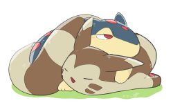 Rule 34 | 0bon, animal focus, annoyed, closed eyes, closed mouth, curled up, furret, gen 2 pokemon, grass, highres, lying, nintendo, no humans, on stomach, open mouth, pokemon, pokemon (creature), pokemon focus, quilava, red eyes, simple background, sleeping, smile, tail, white background
