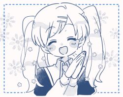 Rule 34 | 1girl, blush stickers, closed eyes, copyright request, facing viewer, flower, hair flower, hair ornament, hairclip, happy, long hair, long sleeves, monochrome, open mouth, own hands together, school uniform, solo, tsunoji, twintails, upper body