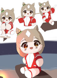 1girl absurdres animal_ears beach brown_eyes brown_hair buruma character_doll commentary_request doll doqute_stuffed_doll gryebooks hair_between_eyes highres horse_ears horse_girl jacket looking_at_viewer ocean satono_diamond_(umamusume) sitting solo stick stuffed_toy track_jacket umamusume