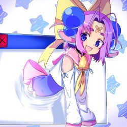 1girl absurdres animal_ears antenna_hair bandaid bandaid_on_face bell blue_eyes bow dolly_(dollymemeko) dollymemeko fang hair_bobbles hair_ornament highres neck_bell one-piece_swimsuit open_mouth original purple_hair sailor_collar short_twintails solo swimsuit twintails