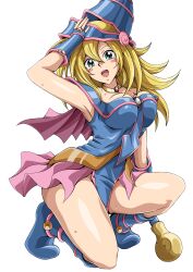 1girl absurdres blonde_hair blue_boots blue_dress blush_stickers boots breasts capelet cleavage commentary_request dark_magician_girl dress duel_monster full_body green_eyes highres holding holding_wand kneeling large_breasts long_hair looking_at_viewer open_mouth pink_capelet safety_kaijo simple_background sketch solo wand white_background yu-gi-oh!