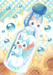Rule 34 | absurdres, alternate color, blush, bottle, bubble, commentary request, gen 4 pokemon, highres, in bottle, in container, mugita konomi, nintendo, no humans, open mouth, pachirisu, pokemon, pokemon (creature), shiny and normal, shiny pokemon, sparkle, tongue