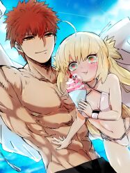 1boy 1girl abs artoria_caster_(fate) artoria_caster_(swimsuit_berserker)_(fate) artoria_caster_(swimsuit_berserker)_(first_ascension)_(fate) artoria_pendragon_(fate) blonde_hair brown_eyes emiya_shirou fate/grand_order fate_(series) food highres ice_cream muscular muscular_male pectorals popopo0000001 red_hair senji_muramasa_(fate) side_ponytail swimsuit topless_male