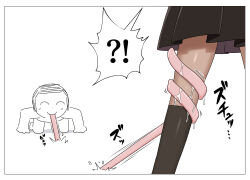 !? 1boy 1girl all_fours black_skirt black_socks blue_archive closed_eyes closed_mouth commentary doodle_sensei_(blue_archive) highres ikurage_(namakurage_13) iori_(blue_archive) licking long_tongue lower_body pervert saliva sensei_(blue_archive) simple_background skirt smile socks symbol-only_commentary tongue tongue_out very_long_tongue white_background