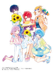 &gt;:) 1girl 5boys :d bendy_straw black_hair blonde_hair blue_eyes blue_hair blue_shirt blue_shorts brown_hat brown_jacket chano_hinano closed_mouth collared_shirt commentary_request cup dress dress_shirt drink drinking_straw flower gradient_hair grey_eyes hair_between_eyes hat highres hiyori_sora holding holding_cup holding_flower hood hood_down hoodie hyouka_yuki inazuma_rai jacket kneeling loafers multicolored_hair multiple_boys official_art open_clothes open_jacket open_mouth orange_eyes pants parted_bangs pink_eyes pink_hair pink_shirt puffy_short_sleeves puffy_sleeves purple_eyes purple_hair purple_shoes red_eyes red_hair sandals shirt shizukugawa_ame shoes short_sleeves shorts simple_background sitting smile straw_hat streaked_hair sunflower tenyou_hare utaite! v-shaped_eyebrows water_gun white_background white_dress white_hoodie white_pants white_sandals white_shirt yagiri_kumo yellow_flower