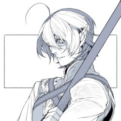 1boy ahoge baldur&#039;s_gate baldur&#039;s_gate_3 dungeons_&amp;_dragons dungeons_&amp;_dragons greyscale hair_between_eyes hiryuu_(kugelcruor) light_smile looking_to_the_side male_focus monochrome over_shoulder parted_lips pointy_ears portrait shirt short_hair solo tav_(baldur&#039;s_gate) upper_body vest weapon weapon_over_shoulder white_hair white_shirt