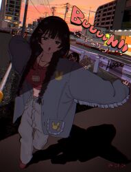 1girl 2024 absurdres black_hair braid breasts building character_doll character_request cloud collarbone copyright_request crop_top dated denim doll dusk dutch_angle emoji hair_ornament hairclip hasu highres hime_cut jacket jeans jewelry light_blush navel necklace open_clothes open_jacket open_mouth outdoors outstretched_arms oversized_clothes pants pole shadow solo twin_braids