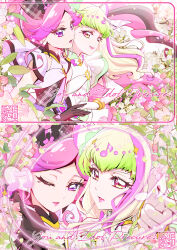 2girls artist_name black_bow black_dress black_gloves black_hair blonde_hair bow bowtie bracelet circlet closed_mouth collared_dress colored_tips cure_kiss cure_zukyuun detached_sleeves dress elbow_gloves eyelashes floating_hair floral_background fortissimo gloves gold_bracelet green_hair hair_bow hair_ornament halter_dress halterneck heads_together highres jewelry kamikita_futago kimi_to_idol_precure light_particles lipstick looking_at_another magical_girl makeup meroron_(precure) multicolored_hair multiple_girls multiple_views musical_note musical_note_hair_ornament one_eye_closed outstretched_hand own_hands_together parted_bangs parted_lips pink_bow pink_hair pink_lips plaid_bow plaid_clothes plaid_dress pleated_sleeves precure purirun_(precure) purple_eyes purple_hair purple_sleeves smile streaked_hair tsurime watermark white_bow white_bowtie white_dress white_gloves white_sleeves wrist_bow yellow_eyes