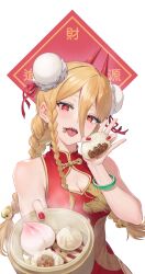 1girl absurdres alternate_breast_size alternate_hairstyle steamed_bun blonde_hair bracelet braid breasts bun_cover chainsaw_man china_dress chinese_clothes cleavage cleavage_cutout clothing_cutout commentary cross-shaped_pupils double_bun dress food food_on_face hair_between_eyes hair_bun highres holding jewelry kiunchiku large_breasts low_twin_braids nail_polish open_mouth power_(chainsaw_man) red_eyes red_nails sharp_teeth side_braid smile solo steam symbol-shaped_pupils teeth twin_braids upper_body