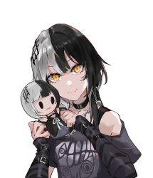 1girl absurdres alternate_costume black_arm_warmers black_choker black_hair black_shirt chain character_doll choker closed_mouth doll grey_hair highres holding holding_doll hololive hololive_english kurochanai looking_at_viewer shiori_novella shirt simple_background smile solo striped_arm_warmers virtual_youtuber white_background yellow_eyes