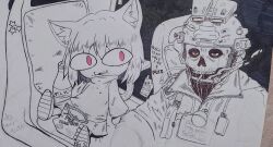 1boy 1girl absurdres animal_ears arm_support call_of_duty call_of_duty:_modern_warfare_2 cat_ears cat_girl cat_tail chasa1990 cigarette combat_helmet crossover eating explosive eye_mask ghost_(modern_warfare_2) grenade grey_scales helmet highres jacket leaning_back looking_afar looking_at_another looking_to_the_side mask military military_uniform monochrome neco-arc open_mouth shoes sitting skirt skull_mask smoking sneakers spanish_text sweater tail traditional_media translated tsukihime upper_body