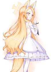 1girl :d amerika_neko animal_ear_fluff animal_ears bird bird_on_hand blonde_hair blue_archive blush bow bright_pupils commentary detached_sleeves dress extra_ears feet_out_of_frame flower_wreath forehead fox_ears fox_girl fox_tail frilled_dress frills from_behind hair_over_shoulder hand_up happy head_wreath highres long_hair looking_at_viewer looking_back multicolored_eyes open_mouth pantyhose parted_bangs pink_eyes sailor_collar school_uniform seia_(blue_archive) serafuku sidelocks simple_background sleeve_bow sleeveless sleeveless_dress smile solo standing striped_clothes striped_pantyhose tail two-tone_eyes vertical-striped_clothes vertical-striped_pantyhose very_long_hair white_background white_bow white_dress white_pantyhose white_pupils white_sailor_collar white_serafuku wide_sleeves yellow_bow yellow_eyes