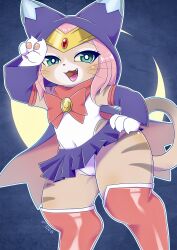1girl :3 animal_ears animal_hands bishoujo_senshi_sailor_moon black_skirt boots bow bowtie cat_ears cat_girl cat_tail claws commentary_request cosplay crescent digitigrade felyne furry furry_female green_eyes hand_on_own_hip highres leotard looking_at_viewer magical_girl monster_hunter_(series) monster_hunter_stories_2 open_mouth oze_jp pawpads pink_hair red_boots red_bow red_bowtie sailor_moon sailor_moon_(cosplay) sailor_senshi_uniform school_uniform serafuku short_hair skirt solo tail tsukino_(monster_hunter) whiskers white_leotard