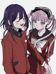 1boy 1girl arms_behind_back black_sailor_collar blunt_bangs blush brother_and_sister double_bun ear_piercing grey_background hair_bun highres jacket long_hair long_sleeves one_eye_closed open_mouth piercing pink_eyes pink_hair pleated_skirt purple_hair red_jacket red_skirt sailor_collar school_uniform serafuku siblings simple_background skirt suginami_(sg4nm) the_hundred_line_-last_defense_academy- tsukumo_ima tsukumo_kako twintails