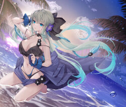 1girl air_bubble akatsuki_hijiri arm_behind_head arm_up bare_arms bare_legs bare_shoulders barefoot bikini black_bikini black_bow black_bridal_gauntlets blue_eyes bow braid breasts bridal_gauntlets bubble cloud collarbone comiket_106 dress fate/grand_order fate_(series) floating_hair flower full_body grey_hair hair_between_eyes hair_bow hair_flower hair_ornament highres kneeling large_breasts long_hair looking_to_the_side morgan_le_fay_(fate) multicolored_hair navel ocean outdoors palm_tree partially_submerged ponytail purple_flower sidelocks sky smile solo stomach summer swimsuit thighs tree very_long_hair wading water wet