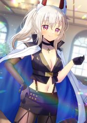 1girl ayanami_(azur_lane) azur_lane black_collar black_gloves black_skirt blurry blurry_background breasts brown_hair brown_pantyhose brown_sleeves cleavage closed_mouth collar collarbone commentary_request commission cosplay cross depth_of_field detached_sleeves dutch_angle gloves hair_between_eyes half_gloves hand_on_own_hip hand_up headgear indoors jacket jacket_on_shoulders kou_hiyoyo latin_cross long_hair looking_at_viewer medium_breasts navel pantyhose ponytail purple_eyes single_detached_sleeve skeb_commission skirt smile solo washington_(azur_lane) white_jacket window
