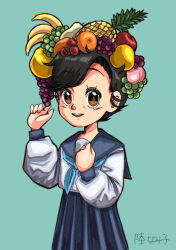1girl apple aqua_background banana black_hair blue_neckerchief brown_eyes food food_on_head fruit fruit_on_head grapes grey_sailor_collar grey_skirt hand_up highres long_sleeves looking_at_viewer mango nami_(rick_nami) neckerchief object_on_head orange_(fruit) original parted_lips peach pear pineapple sailor_collar school_uniform serafuku shirt short_hair simple_background skirt smile solo standing strawberry upper_body white_shirt