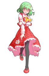 1girl black_pantyhose dairi defeat full_body green_hair highres kazami_yuuka pantyhose red_shoes red_skirt red_vest shirt shoes short_hair skirt solo tachi-e torn_clothes touhou umbrella vest white_shirt