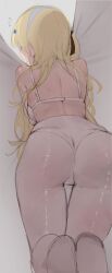 1girl absurdres ass back bare_shoulders blonde_hair blush bra breasts covering_privates embarrassed feet flying_sweatdrops from_behind hair_ornament highres long_hair open_mouth panties pantyhose phoebe_(wuthering_waves) sketch solo sweat underwear white_bra white_panties white_pantyhose wuthering_waves x_hair_ornament xaea_xp