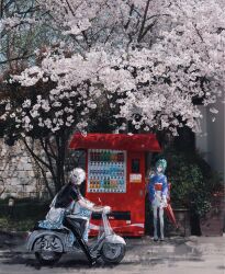 Rule 34 | 1boy, 1girl, black boots, blue kimono, boots, can, cherry blossoms, commentary request, gintama, green hair, hadanugi dousa, highres, holding, holding umbrella, japanese clothes, kimono, lushu kuye, motor vehicle, motorcycle, oil-paper umbrella, on scooter, open kimono, outdoors, photo background, red eyes, sakata gintoki, sash, scooter, short hair, sitting, skirt, tama (gintama), thighhighs, tree, umbrella, vending machine, white hair, white kimono