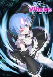 1girl artist_request black_sleeves blue_eyes blue_hair bob_cut breasts cleavage clenched_teeth commentary_request copyright_name copyright_notice detached_sleeves glowing glowing_eye glowing_horns hair_ornament hair_over_one_eye highres horns long_sleeves looking_at_viewer maid medium_breasts official_art outdoors outstretched_arm partially_shaded_face re:zero_kara_hajimeru_isekai_seikatsu re:zero_kara_hajimeru_isekai_seikatsu_witch&#039;s_re:surrection rem_(re:zero) roswaal_mansion_maid_uniform short_hair single_horn solo teeth thighhighs v-shaped_eyebrows white_thighhighs x_hair_ornament