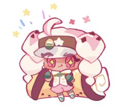 1girl :3 ahoge bag braid cannoli_cookie chibi chibi_only cookie_run cookie_run:_ovenbreak eyes_visible_through_hair flower full_body gloves green_gloves green_shoes hat hat_ornament highres hood hood_down hooded_jacket jacket long_hair looking_at_viewer pink_flower pink_shorts shoes shorts simple_background sleeveless sleeveless_jacket socks solo standing standing_on_one_leg star_(symbol) star_hat_ornament tongue tongue_out twin_braids visor_cap white_background white_hair white_jacket white_socks y_songmo