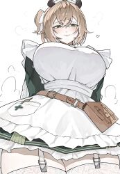 Rule 34 | 1girl, absurdres, animal ears, apron, blush, breasts, brown hair, dress, ewn, green dress, green eyes, hair between eyes, hat, highres, indie virtual youtuber, large breasts, looking at viewer, medium hair, nimi nightmare, nurse cap, one side up, round collar, simple background, smile, solo, tapir ears, tapir girl, thighhighs, virtual youtuber, white apron, white background